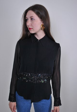 VINTAGE BLACK PARTY BLOUSE WITH SEQUINS, SIZE S
