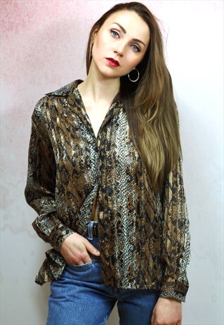 1980S VINTAGE ANIMAL PRINT SEMI SHEER SILKY BLOUSE