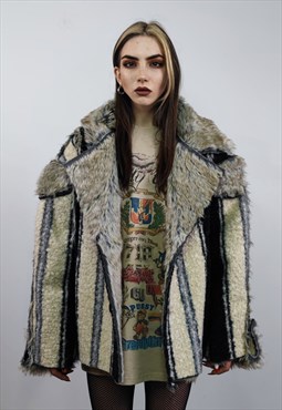 Nordic style faux fur jacket Viking coat Nomad stripe bomber