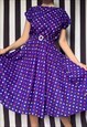 VINTAGE 80S PURPLE MIDI BELTED DRESS, POLKA DOTS, UK10-14