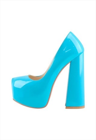 Platform Round Toe High Heel Slip-On Blue Pumps