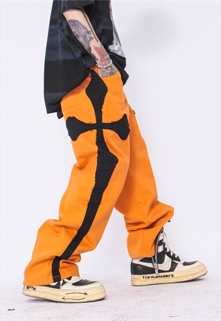 SIDE CROSS PATCHWORK JEANS YEEZUS DENIM OVERALLS ORANGE