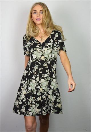VINTAGE BLACK & CREAM FLORAL SUMMER MINI DRESS