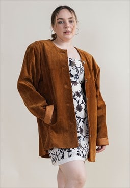 Vintage 70s Boxy Fit Round Neck Brown Suede Jacket Oversized