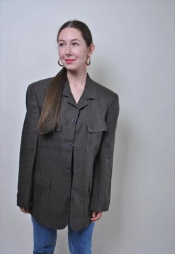Vintage linen grey blazer, retro minimalist oversized jacket