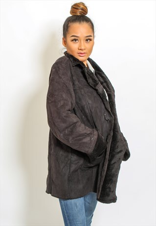 VINTAGE SHEARLING COAT JACKET IN BROWN WITH FAUX FUR LARGE