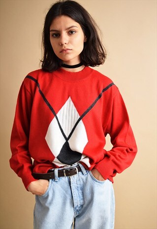 80'S ABSTRACT PATTERN OVERSIZED GRANDADS KNIT JUMPER TOP
