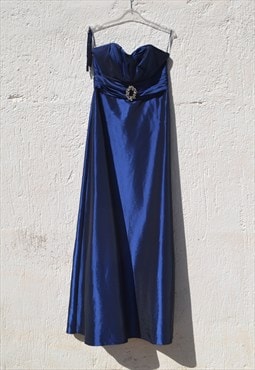 Vintage blue shiny taffeta maxi strapless dress.