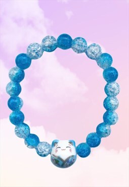 Lucky Cat - Blue Crackle Quartz Mix Beaded Gemstone Bracelet