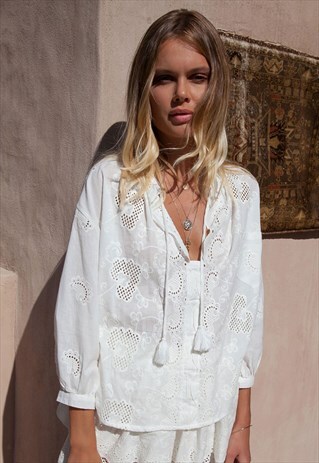 OVERSIZED WHITE BOHEMIAN BLOUSE EMBROIDERED PEASANT TOP