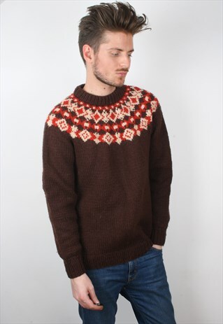 VINTAGE CHUNKY KNIT BROWN ICELANDIC WOOLLEN JUMPER