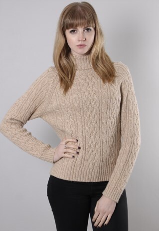VINTAGE 90S BEIGE CABLE KNIT POLO TURTLE NECK JUMPER