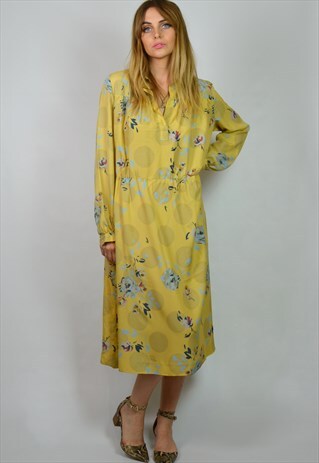 VINTAGE SILK YELLOW PATTERN MIDI SHIRT DRESS