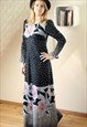 BLACK LONG MAXI FLORAL DOT LONG SLEEVE VINTAGE DRESS