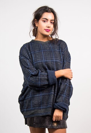 VINTAGE 90'S GREY CHECK GRANDAD KNIT JUMPER