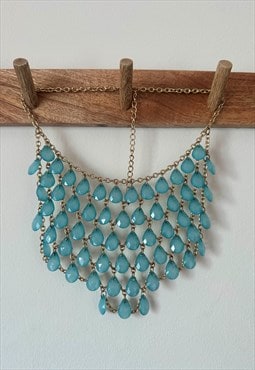 60's Vintage Blue Pendant Multi Chain Necklace Gold