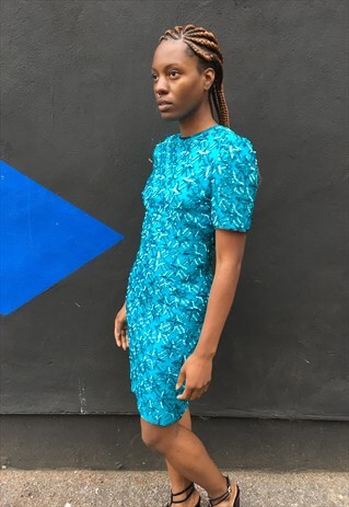 VINTAGE TURQUOISE SILK AND SEQUIN DRESS