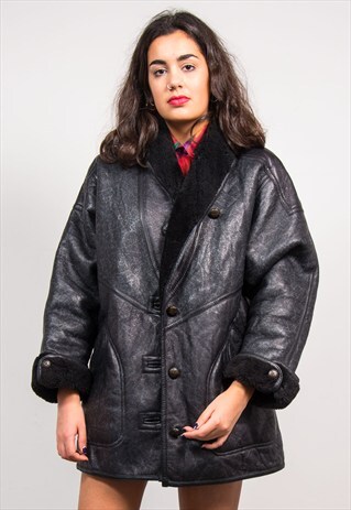90'S VINTAGE BLACK FAUX SHERLING SHEEPSKIN LEATHER COAT