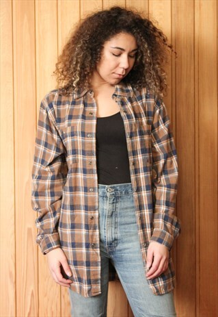 VINTAGE 1990S BROWN AND BLUE CHECKED FLANNEL SHIRT
