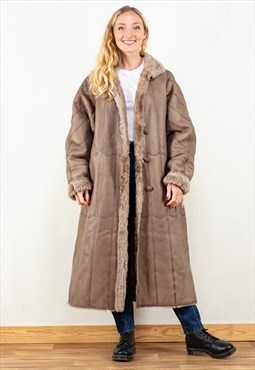 Vintage 80's Women Sheepskin Reversible Coat In Brown