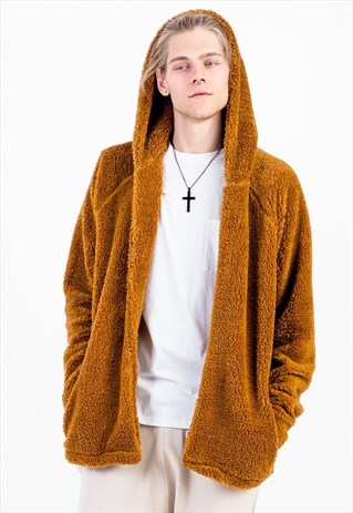 FLEECE CARDIGAN IN BROWN WITH HOOD AND SIDE POCKETS