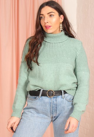 VINTAGE 80S ROLL NECK JUMPER IN GREEN