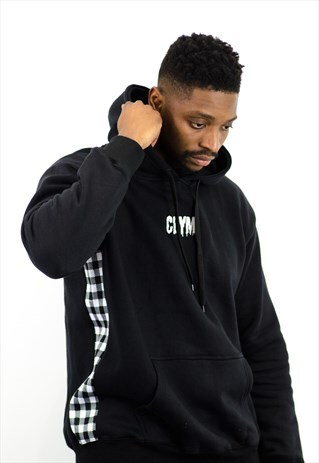 BLACK EMBROIDERED HOODIE WITH GINGHAM SIDE PANEL DETAIL