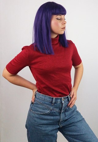 VINTAGE 90'S KNIT TURTLENECK METALLIC RED PARTY TOP