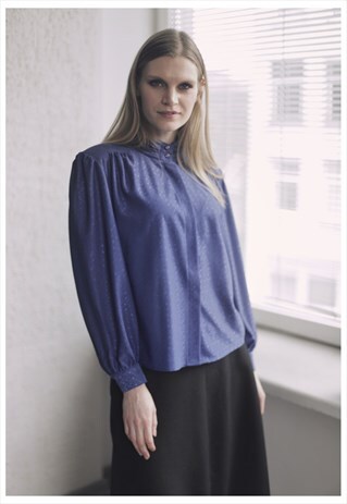 VINTAGE 80'S INDIGO BLUE LONG SLEEVED HIGH COLLAR BLOUSE