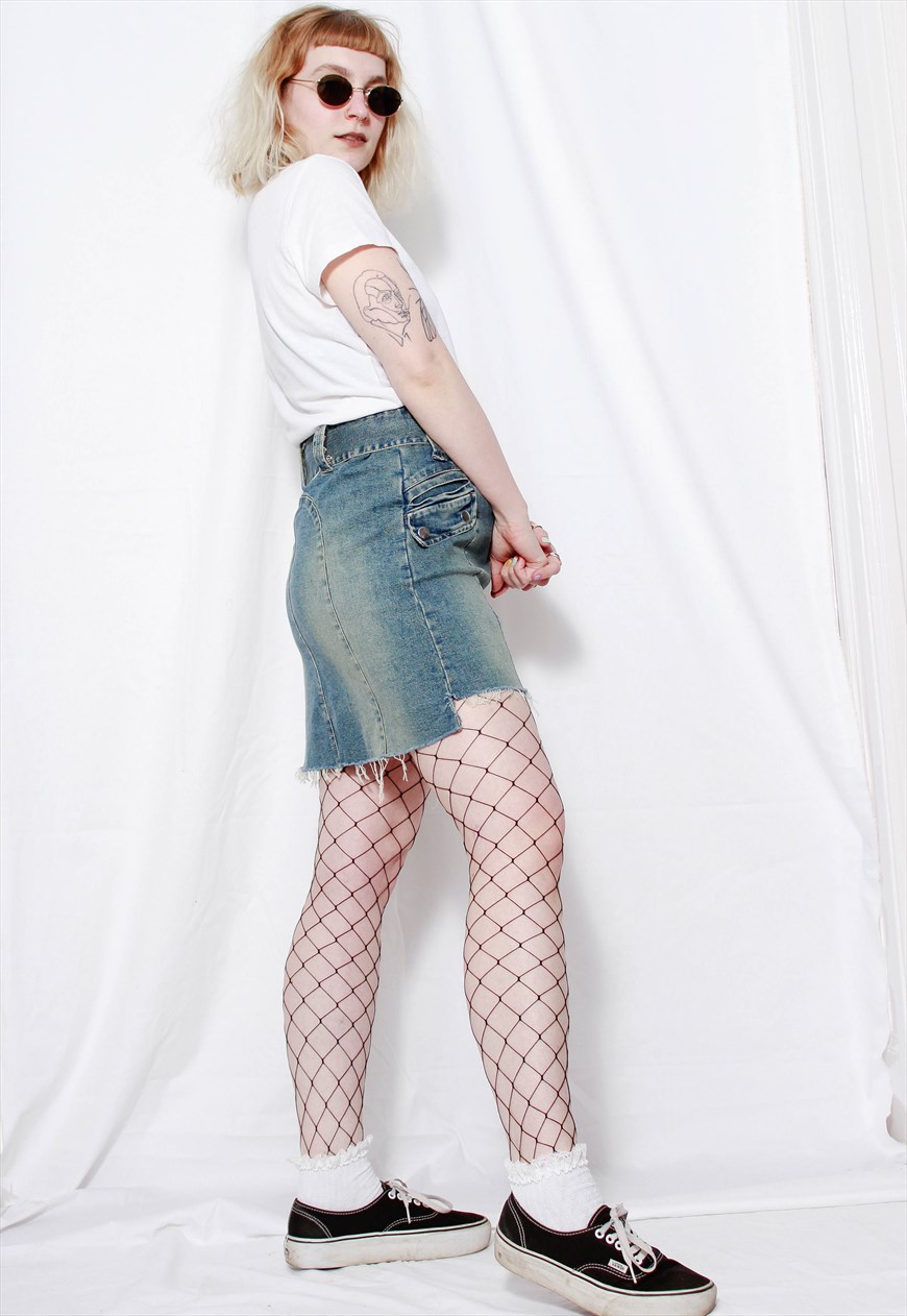 Jean skirt hotsell with fishnet tights