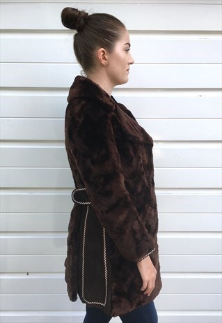 WOMENS VINTAGE 80S BROWN FAUX FUR REAL SUEDE COAT JACKET