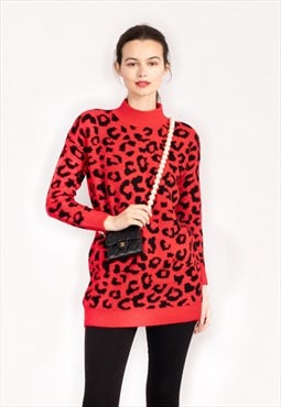Trendy animal leopard print soft knit long jumper in red