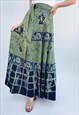 1970'S VINTAGE GREEN BLUE BATIK PRINT LONG MAXI SKIRT WRAP