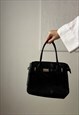 VINTAGE SQUARE HAND BAG IN BLACK WITH SILVER BUCKLE DETAIL