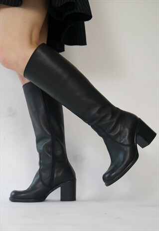 VINTAGE 90S BLOCK HEEL CHUNKY BLACK KNEE HIGH LEATHER BOOTS
