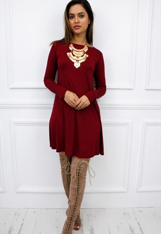 GLAMZAM LADIES NEW BURGANDY LONG SLEEVE SWING MINI DRESS