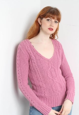 VINTAGE Y2K KNITTED V NECK CABLE KNIT FITTED JUMPER PINK