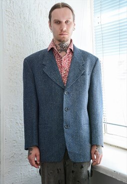 Vintage 80's Blue Wool Textured Suit Blazer