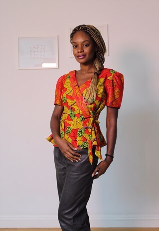 COLOURFUL AFRICAN PRINT TOP WITH RED LACE