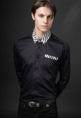 MENS BLACK ZEBRA DETAIL BUTTON SHIRT