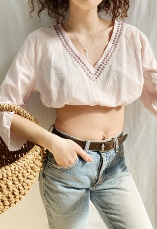 VINTAGE Y2K REWORKED BOHO MILKMAID PRAIRIE BLOUSE CROP TOP