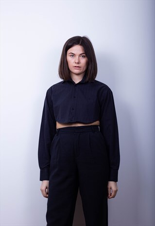 YSL BLACK ON BLACK CURVE HEM CROP SHIRT