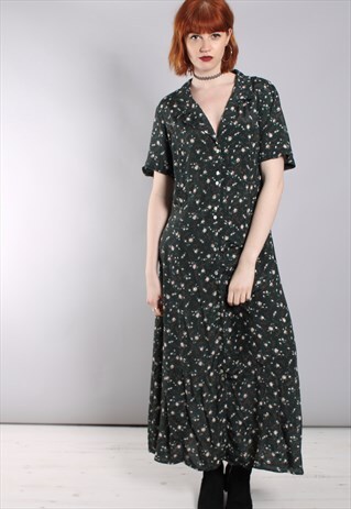 VINTAGE 90S FLORAL PATTERNED BUTTON TIE BACK MAXI DRESS