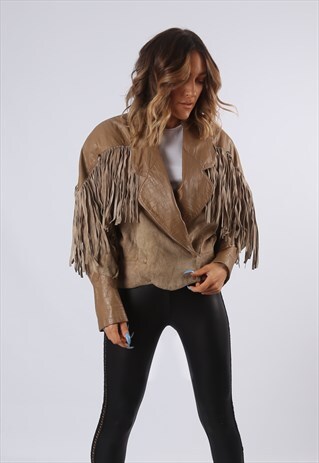 TASSEL FRINGE SUEDE LEATHER JACKET UK 12 (B61K)