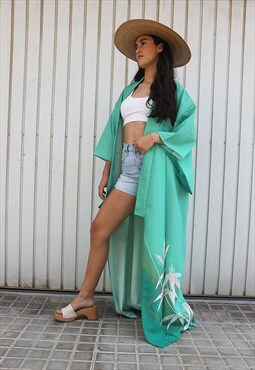 Bright Green Print Full Maxi Length Kimono Duster Jacket