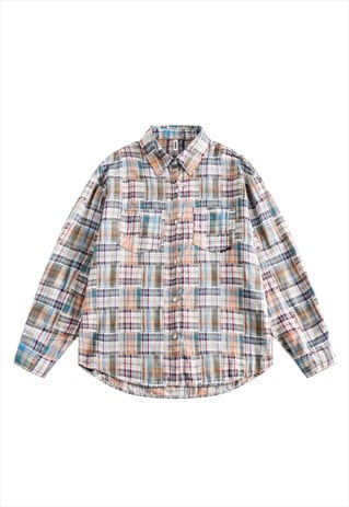 Preppy check shirt lumberjack top color block tie-dye blouse