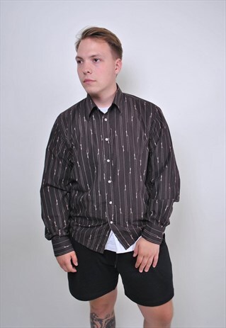 90S BROWN STRIPED LONG SLEEVE SHIRT, SIZE M