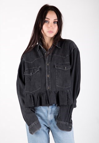 REWORKED VINTAGE CROPPED DENIM SHIRT WITH PEPLUM
