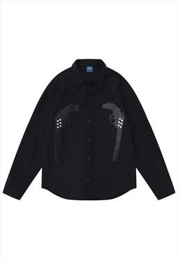 Cowboy shirt fringed blouse pistol patch top in black