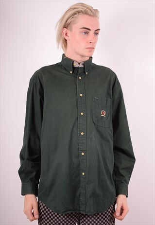 TOMMY HILFIGER MENS VINTAGE SHIRT MEDIUM GREEN 90S
